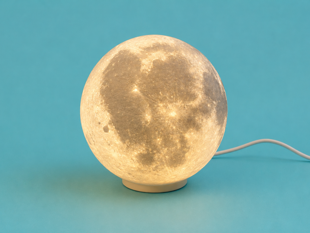 Glowing 3D printed moon lamp on a teal background