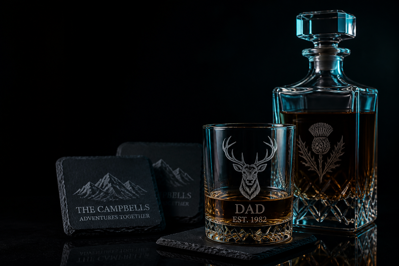 Engraved whiskey decanter, stag tumbler and personalised slate coasters