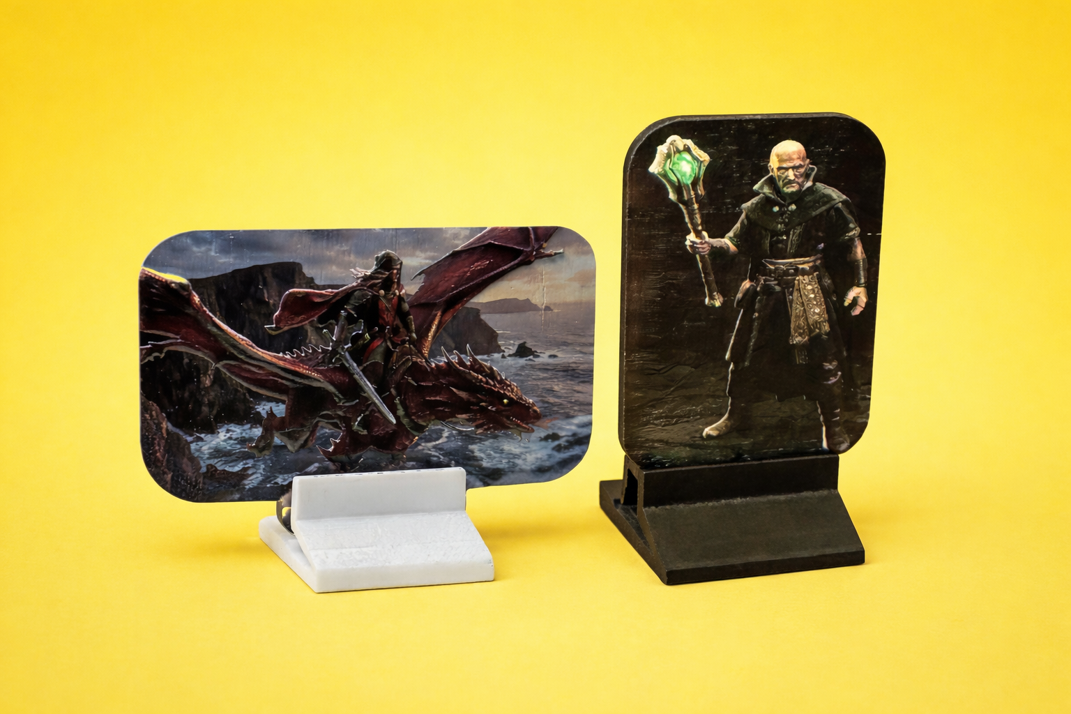 RPG character standees with 3D printed bases for tabletop gaming