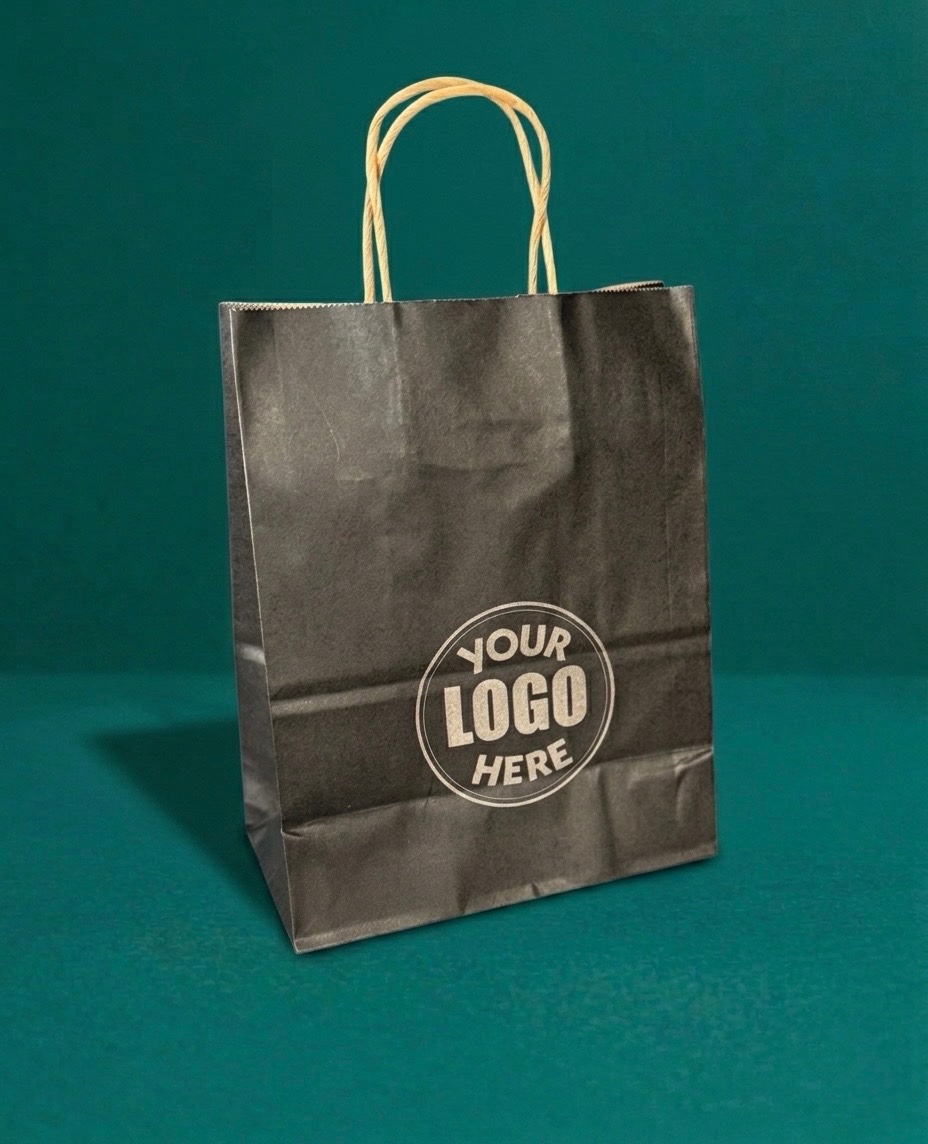 Black branded paper bag with custom logo placeholder for small business packaging