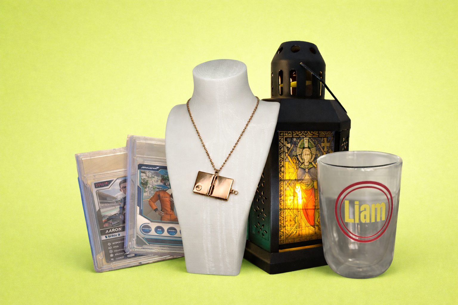 UV printed gifts including cards, jewellery, lantern and personalised tumbler