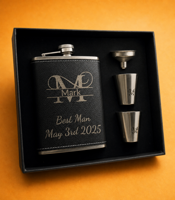 Personalised hip flask gift set by Vesta Custom Creations