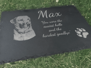 Personalised pet memorial slate with photo engraving by Vesta
