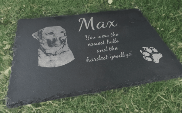 Personalised pet memorial slate with photo engraving by Vesta