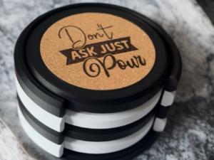 3D printed coaster set with cork tops and holder by Vesta