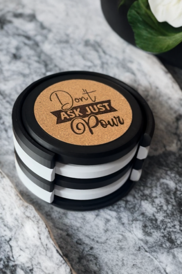 3D printed coaster set with cork tops and holder by Vesta